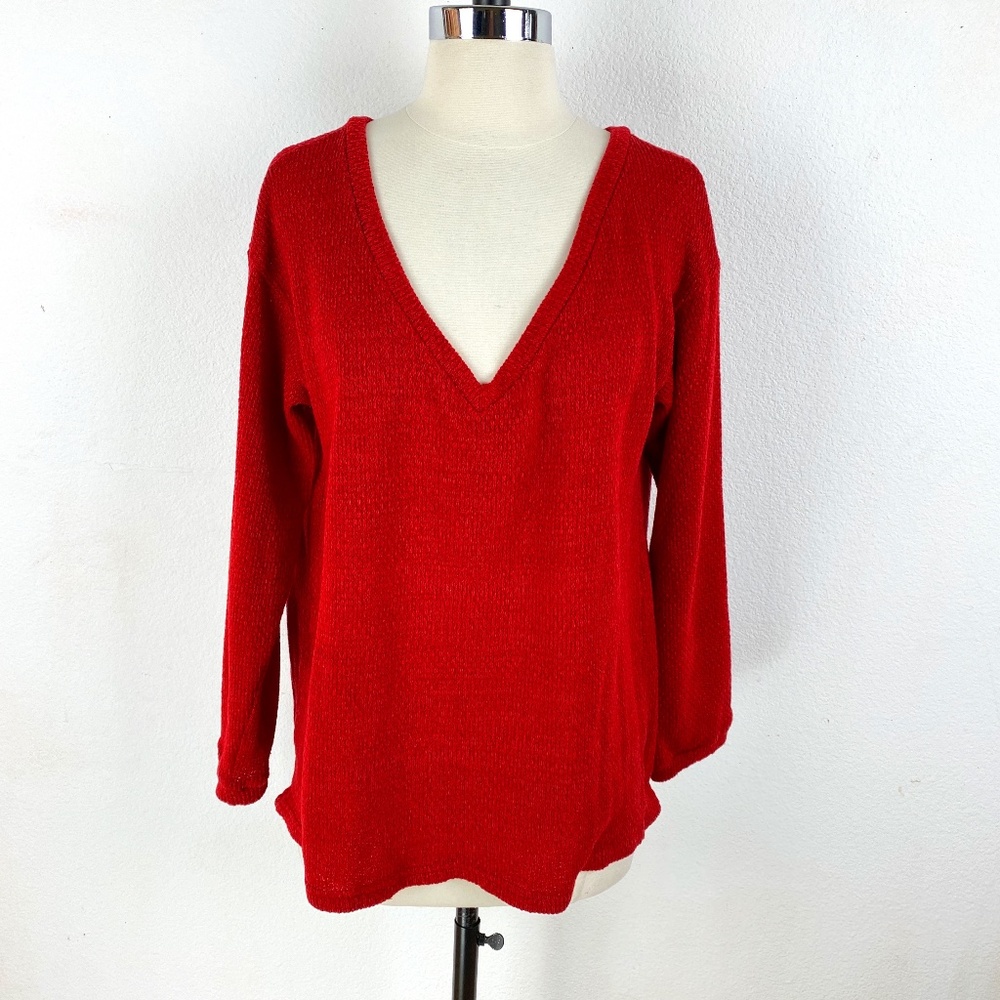 UGET Womens Red Sweater Large Long Sleeve V-Neck Layer Preppy Career School